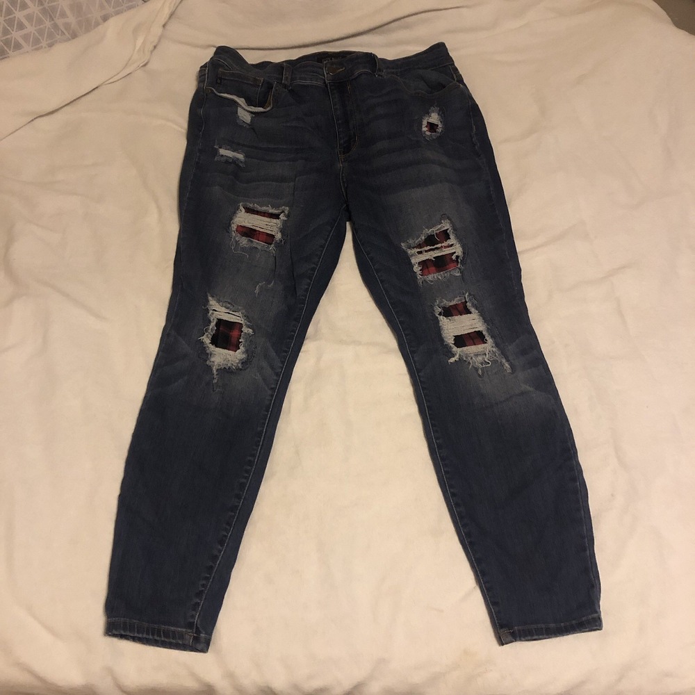 Judy Blue Jeans Womens 18W Blue Skinny Fit Plaid Patched Stretch Med Wash Denim